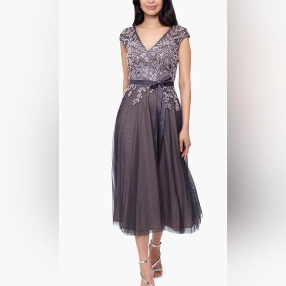Xscape‎ Women's Dina Mesh Embroidered Tulle Dress with belt Size 6 NWT - Picture 1 of 8